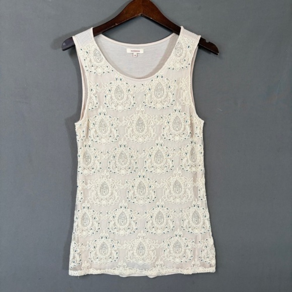 Sundance Embroidered Tank Top M Ivory Sleeveless Blouse Lace Overlay Boho